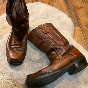 Texas Vintage Cowboy Boots Size 9 Leather Square Toe Brown Mens M811 Made USA